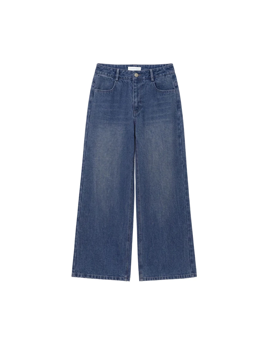Stitch Detail Elastic Back Waistband Wide Leg Jeans Denim Pants with Pockets
