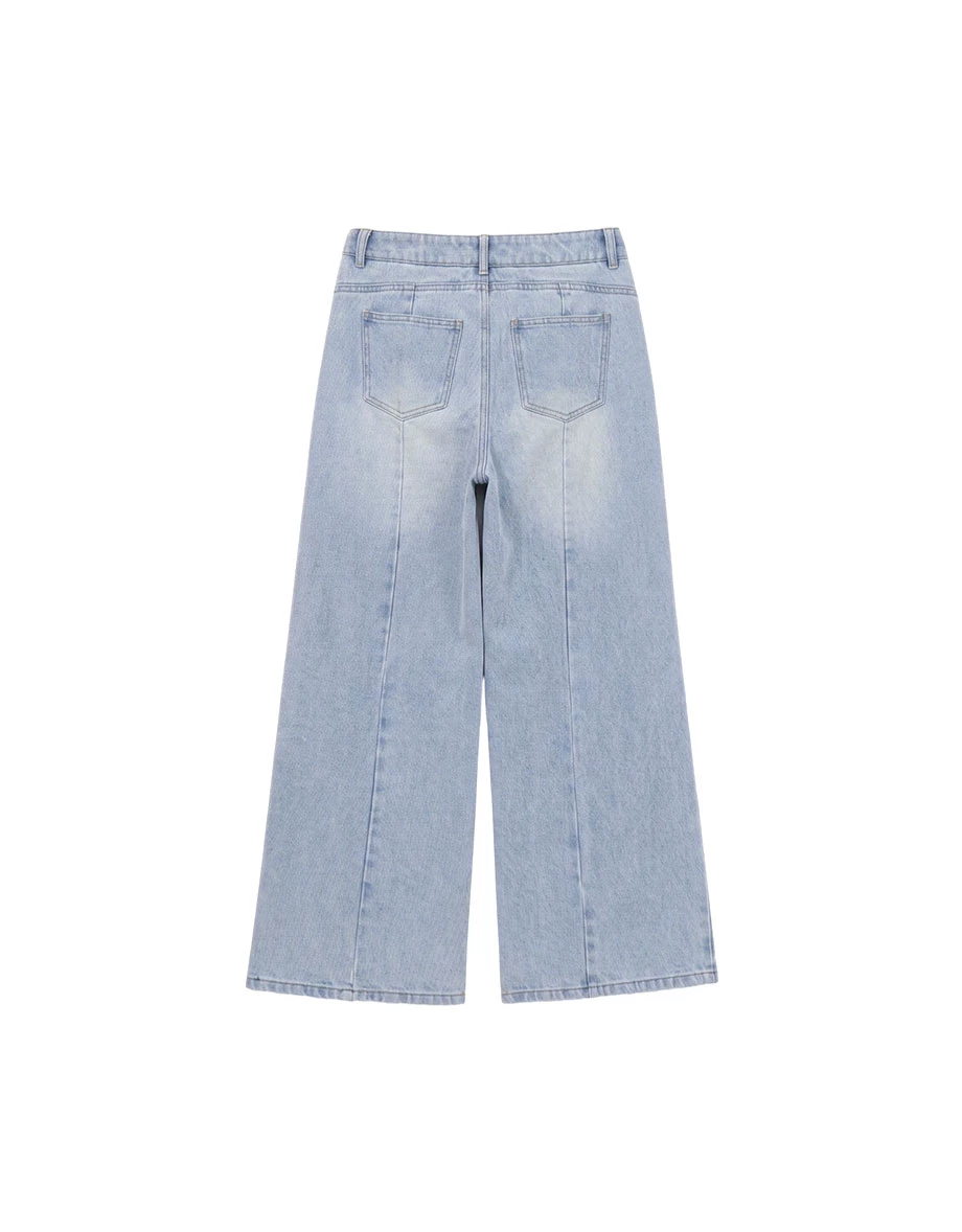 Stitch Detail Elastic Back Waistband Wide Leg Jeans Denim Pants with Pockets Stitch Detail Elastic Back Waistband Wide Leg Jeans Denim Pants with Pockets
