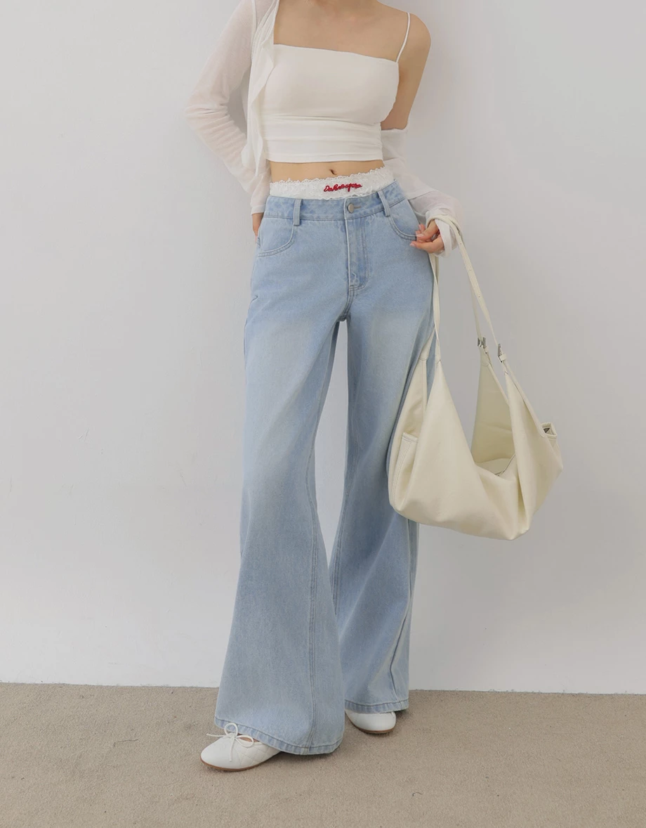 Stitch Detail Elastic Back Waistband Wide Leg Jeans Denim Pants with Pockets Stitch Detail Elastic Back Waistband Wide Leg Jeans Denim Pants with Pockets