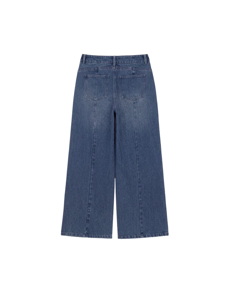 Stitch Detail Elastic Back Waistband Wide Leg Jeans Denim Pants with Pockets