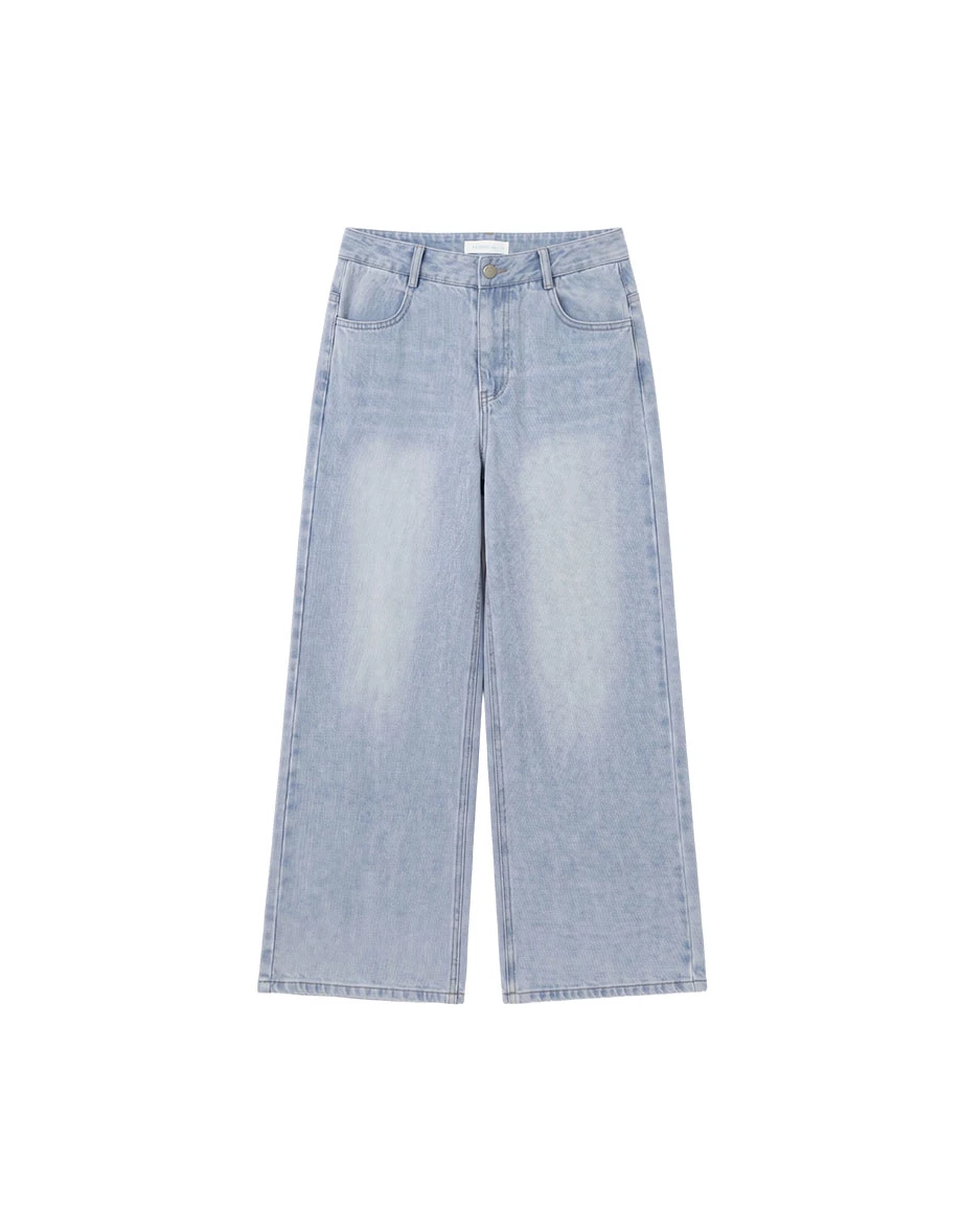 Stitch Detail Elastic Back Waistband Wide Leg Jeans Denim Pants with Pockets