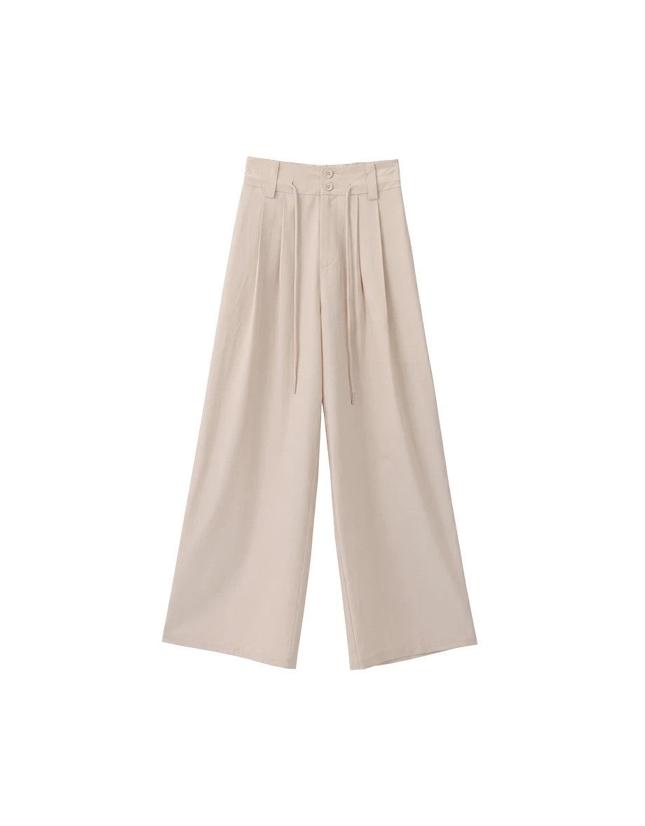 UV Protection Cooling Fabric High Waist Double Button Pleated Drawstring Wide Leg Pants