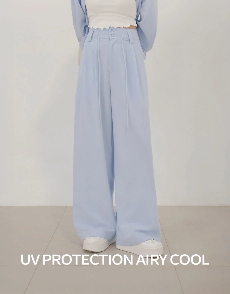 UV Protection Cooling Fabric High Waist Double Button Pleated Drawstring Wide Leg Pants