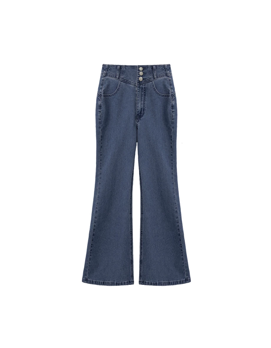 【Den!m LITE】Triple Button Waistband Paneled Jeans Denim Slim Fit Flare Pants