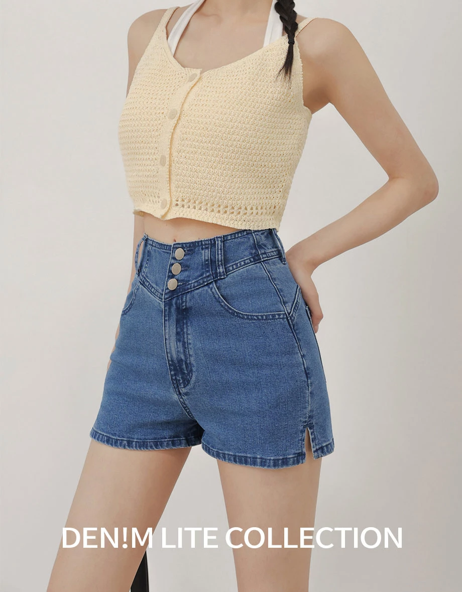 【Den!m LITE】High Waist Triple Button Waistband Paneled Side Slit Jeans Denim Shorts 【Den!m LITE】High Waist Triple Button Waistband Paneled Side Slit Jeans Denim Shorts