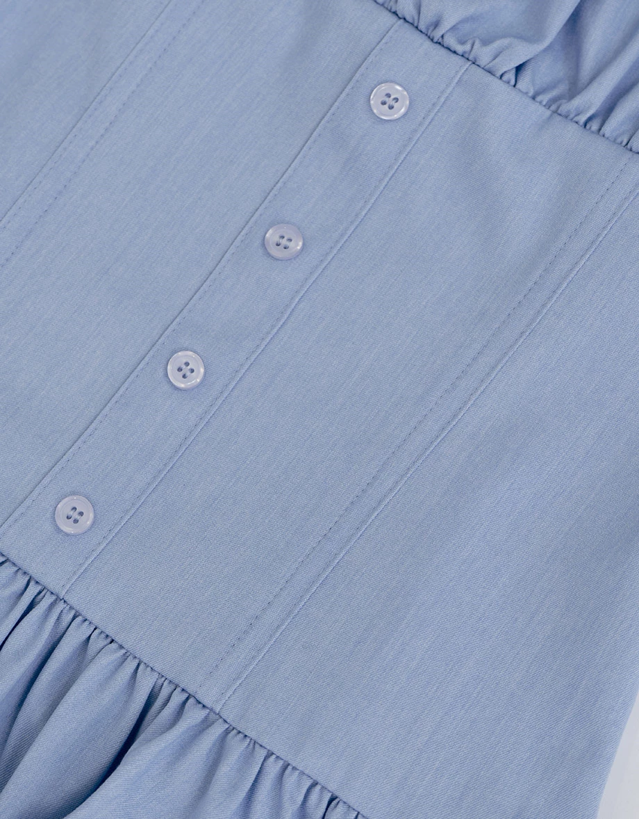 方領荷葉邊抓皺排扣拼接傘擺寬肩帶短洋裝