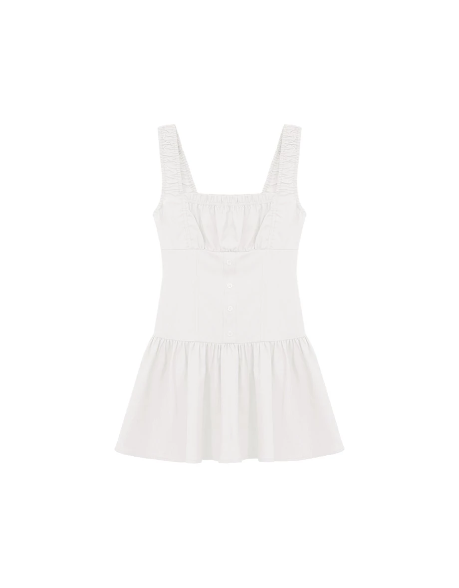 方領荷葉邊抓皺排扣拼接傘擺寬肩帶短洋裝