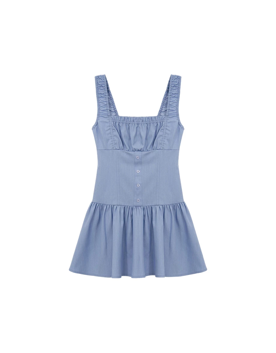 方領荷葉邊抓皺排扣拼接傘擺寬肩帶短洋裝