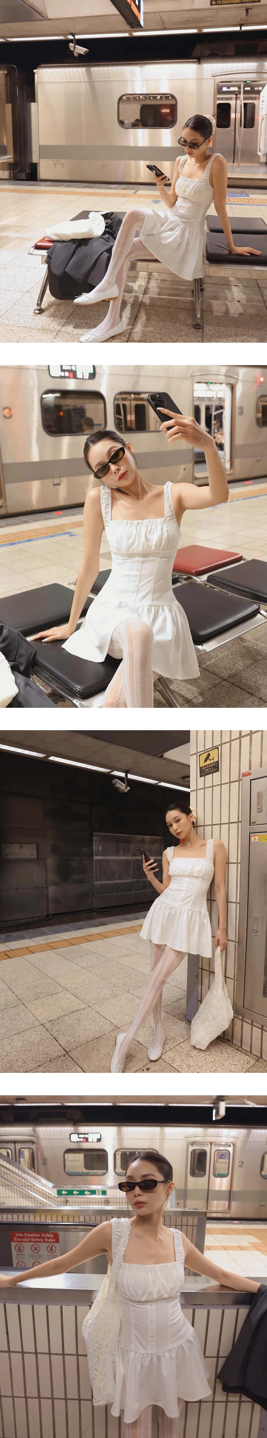 方領荷葉邊抓皺排扣拼接傘擺寬肩帶短洋裝