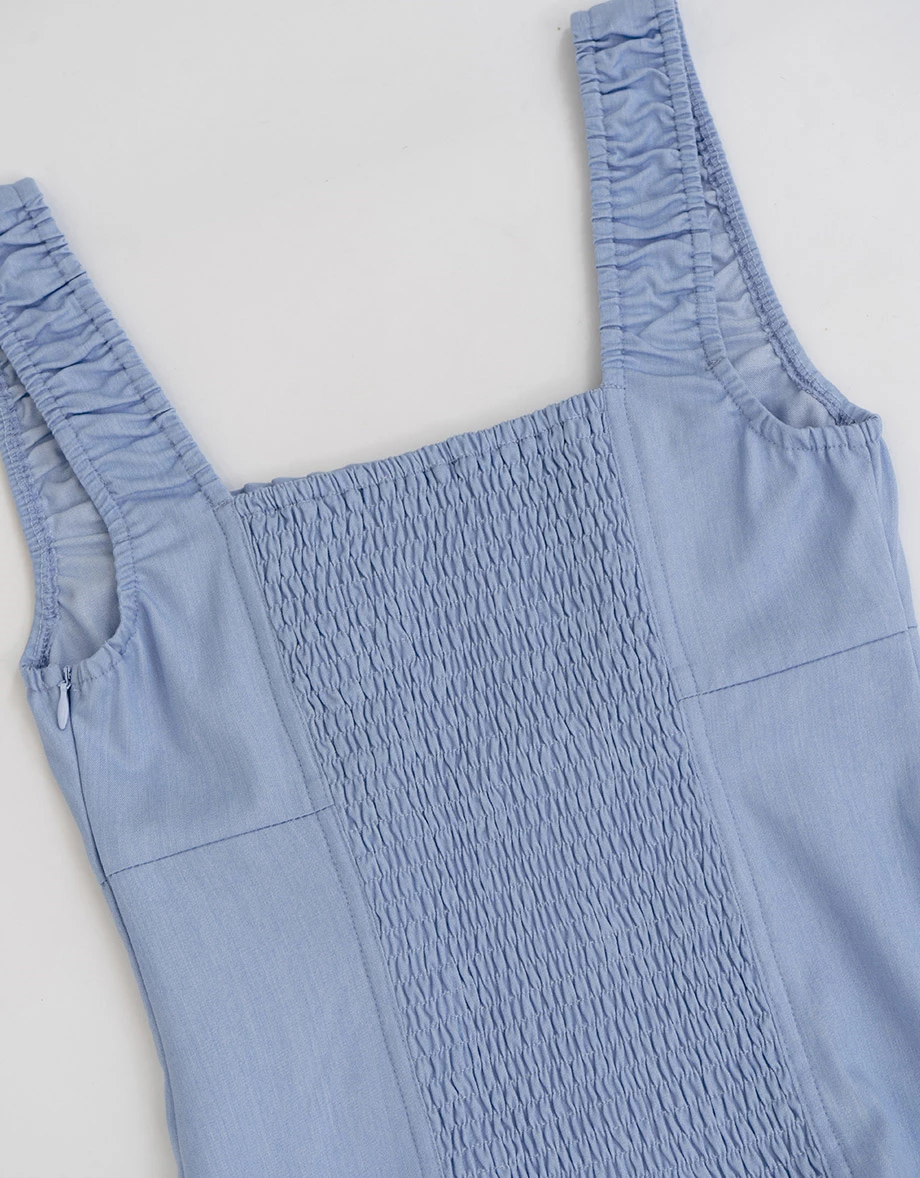 方領荷葉邊抓皺排扣拼接傘擺寬肩帶短洋裝