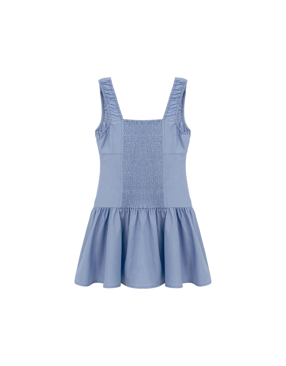 方領荷葉邊抓皺排扣拼接傘擺寬肩帶短洋裝