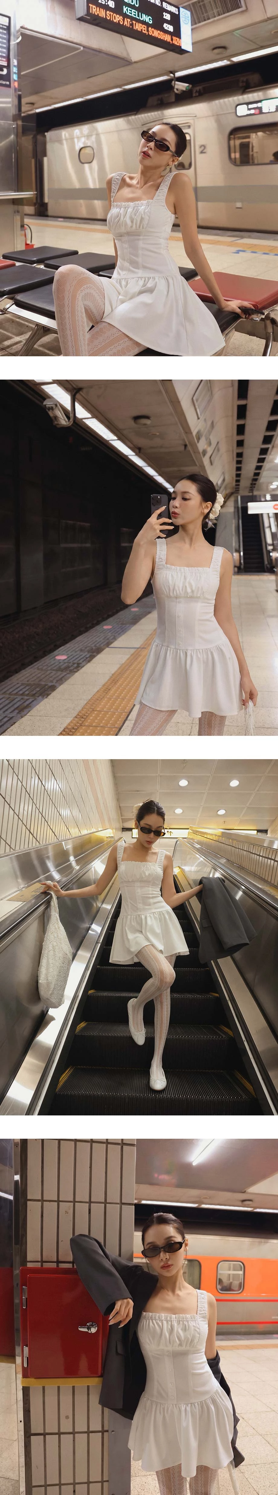 方領荷葉邊抓皺排扣拼接傘擺寬肩帶短洋裝