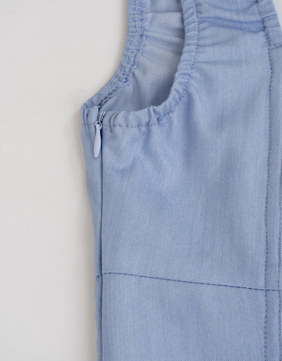 方領荷葉邊抓皺排扣拼接傘擺寬肩帶短洋裝