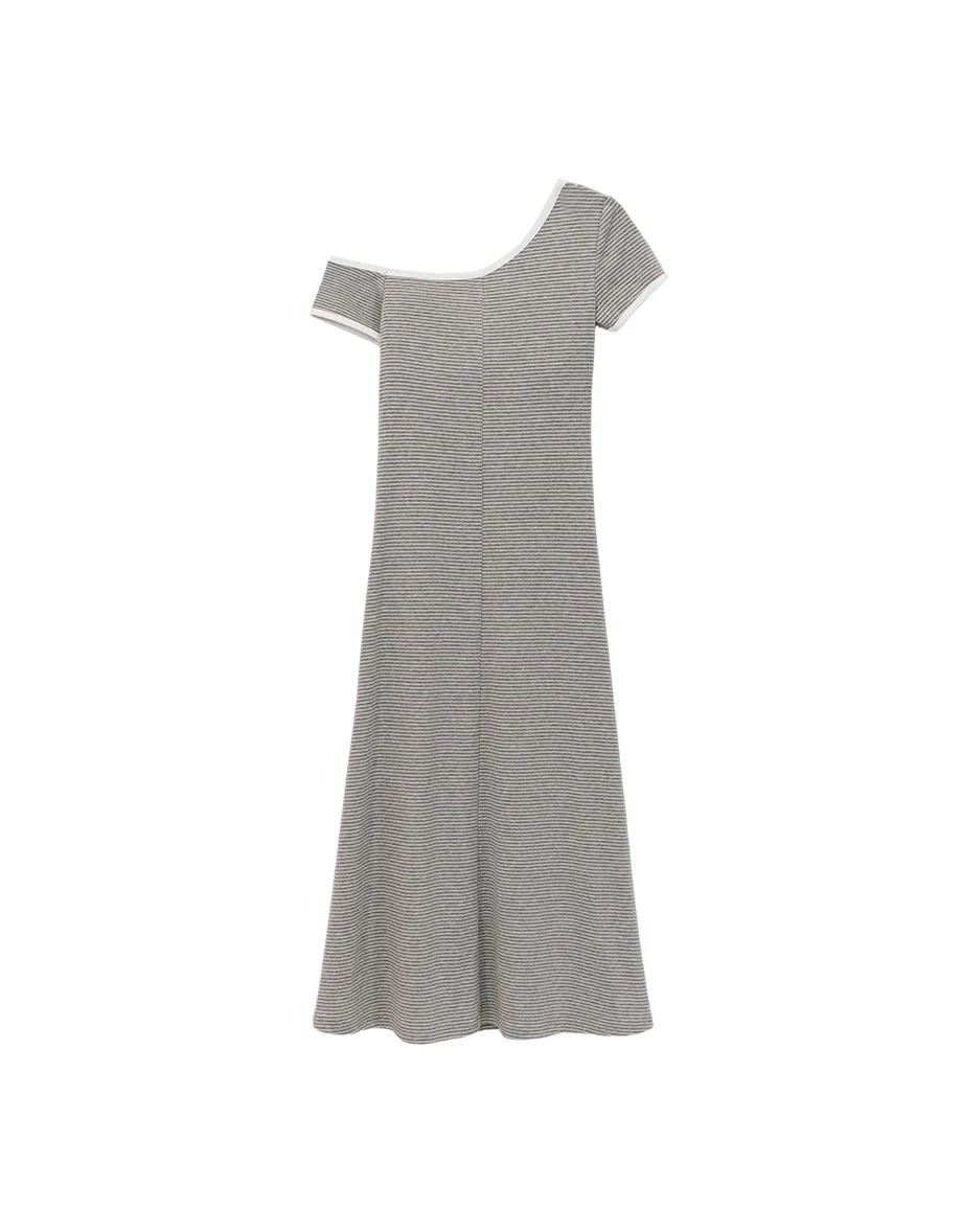 不對稱領撞色滾邊短袖條紋傘擺長洋裝( 附胸墊)