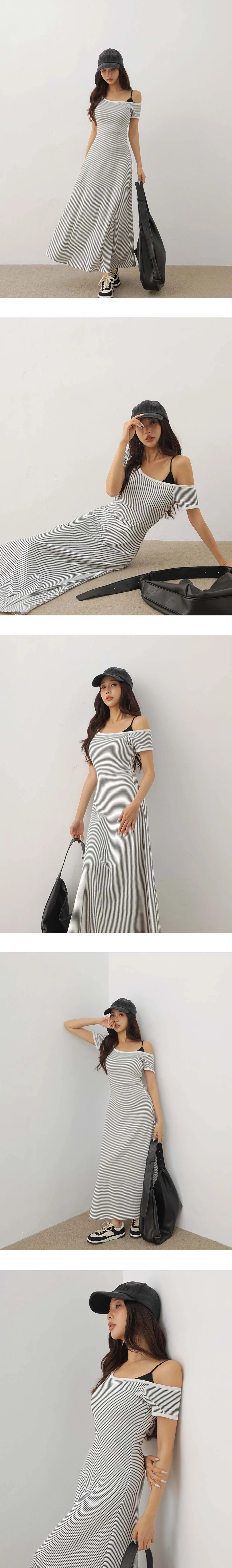 不對稱領撞色滾邊短袖條紋傘擺長洋裝( 附胸墊)