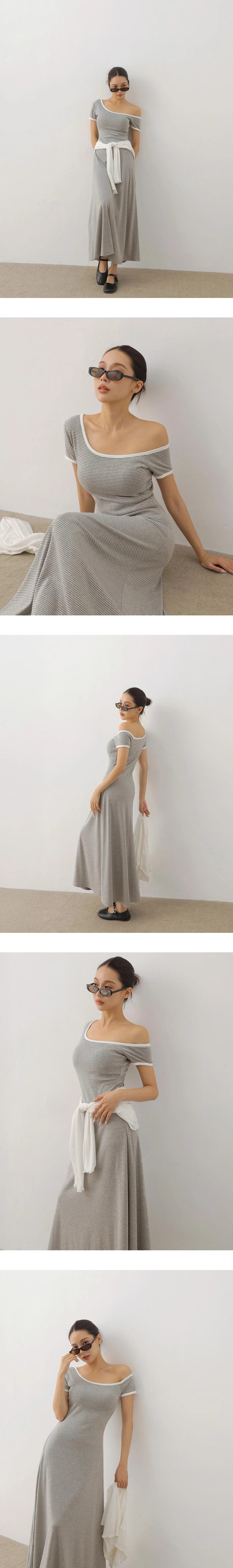 不對稱領撞色滾邊短袖條紋傘擺長洋裝( 附胸墊)