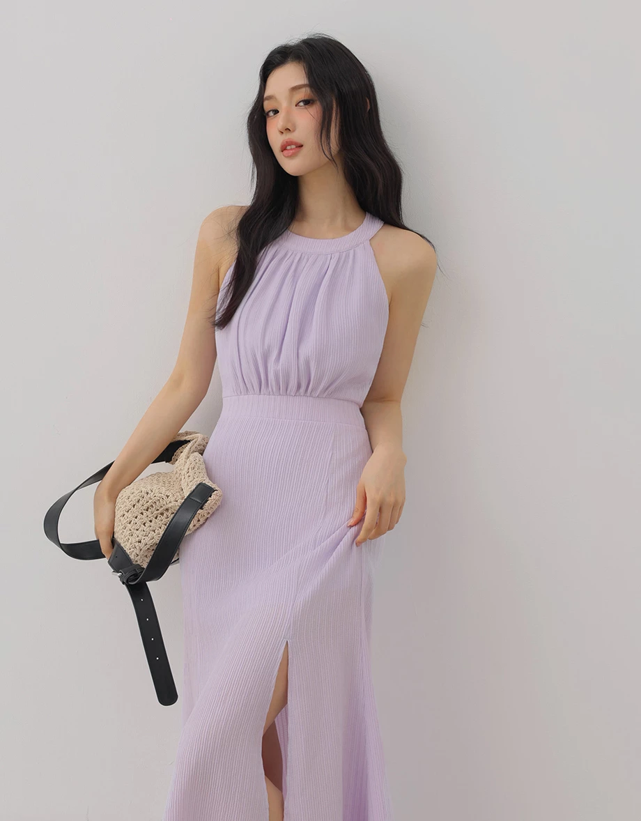 Halterneck Ruched Bust High Slit Hemline Padded Mermaid Maxi Dress