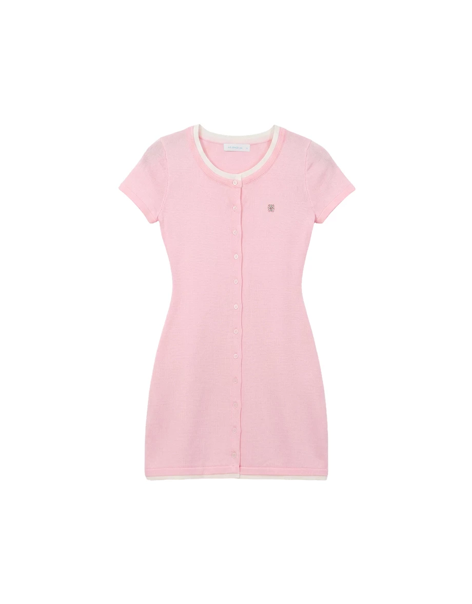 Contrast Trim Button Front A Line Knit Mini Dress with AIR SPACE LOGO Embroidered