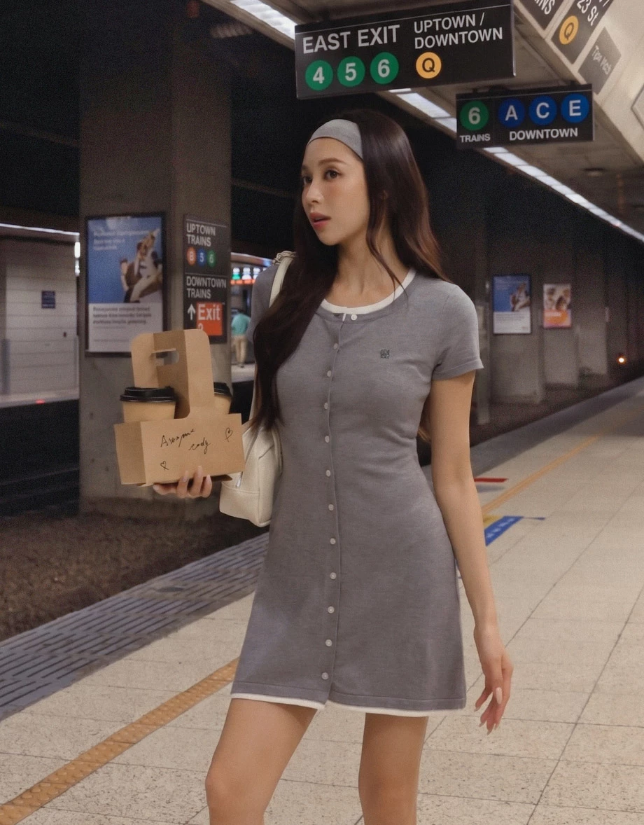 Contrast Trim Button Front A Line Knit Mini Dress with AIR SPACE LOGO Embroidered