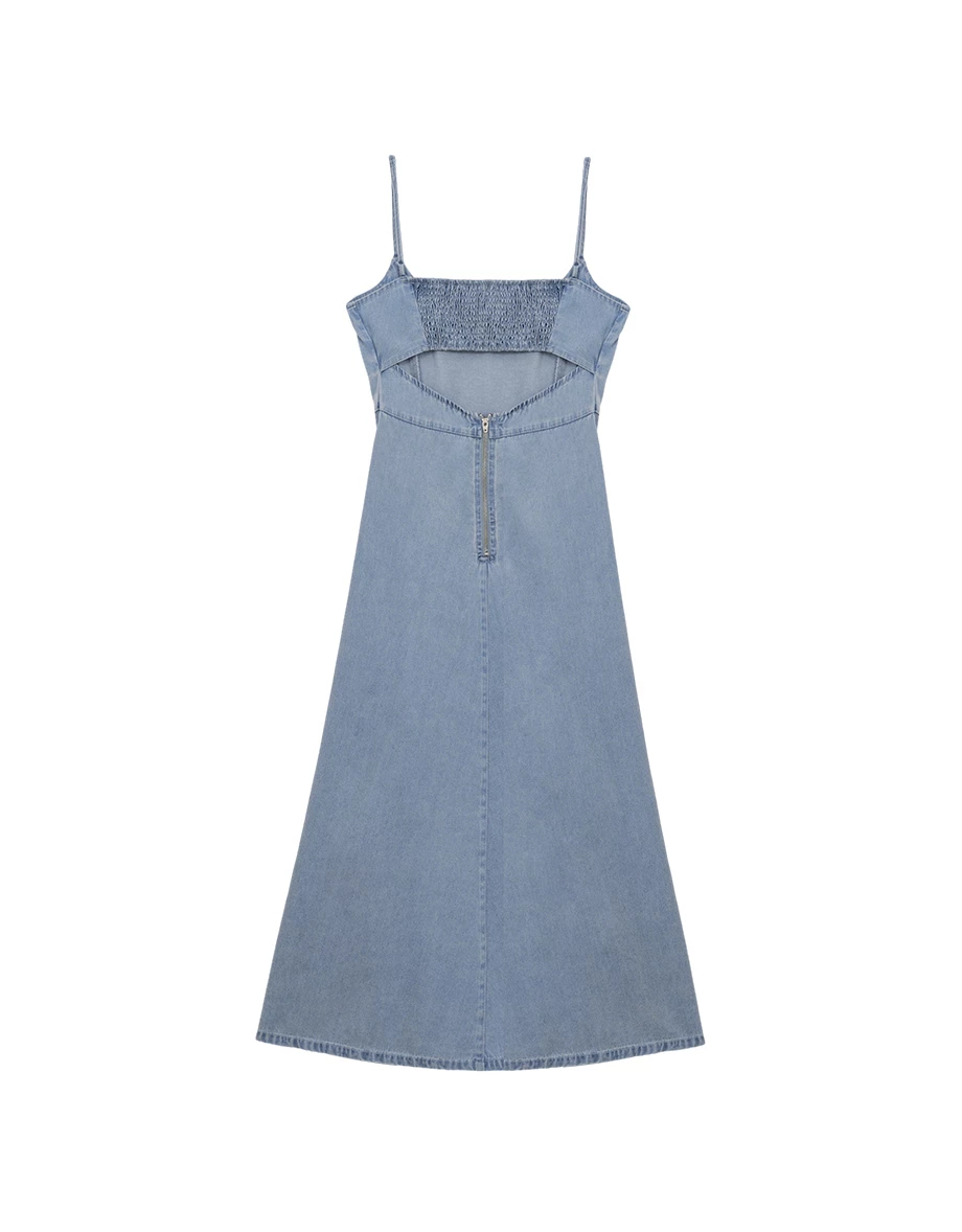 【2.0 SKIN 親膚天絲丹寧】細肩帶收腰長洋裝