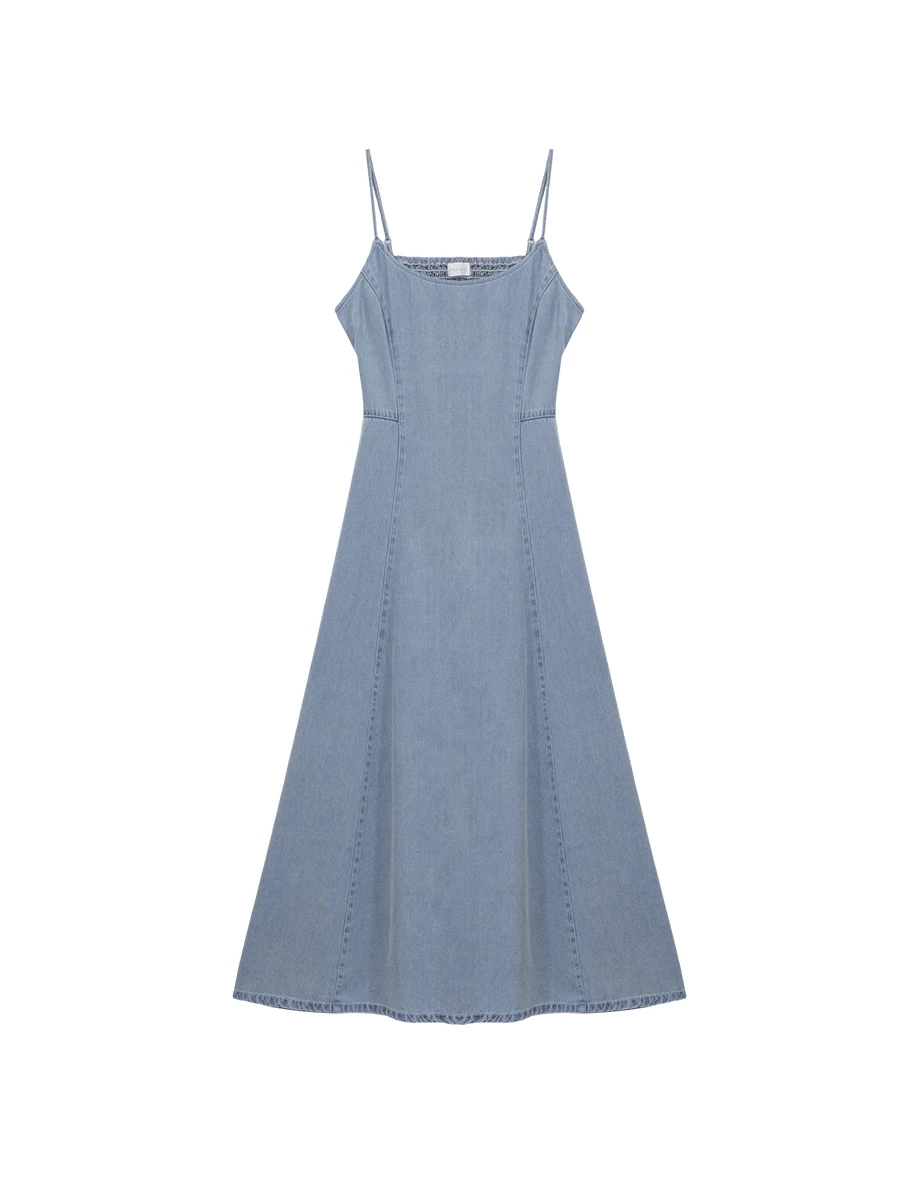 【2.0 SKIN 親膚天絲丹寧】細肩帶收腰長洋裝