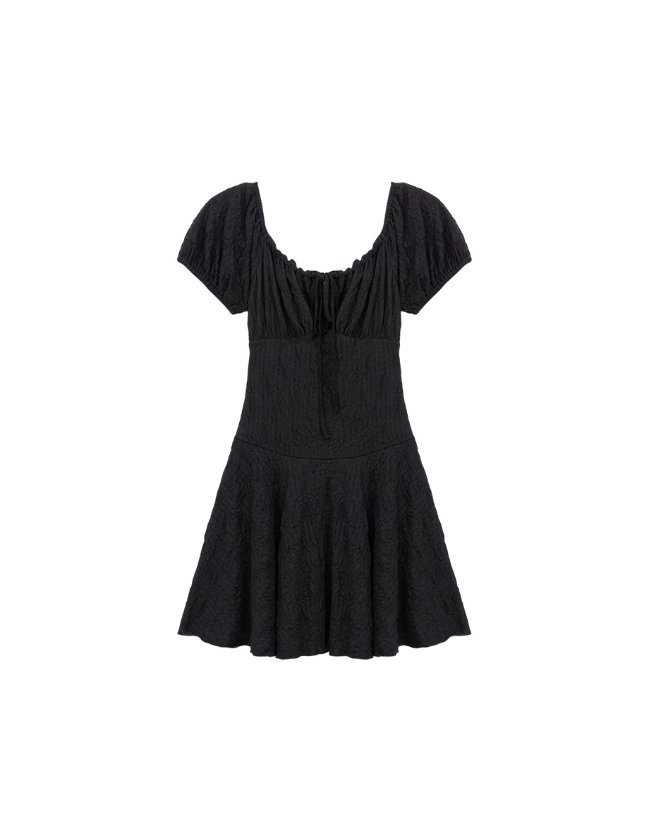 Lace Up Puff Sleeve Floral Jacquard Mini Dress