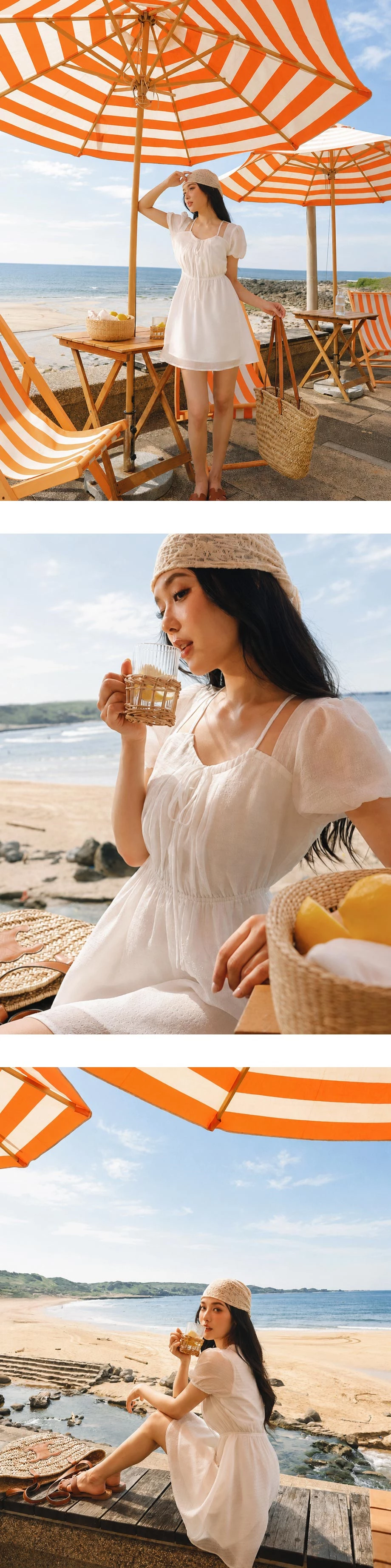 法式方領細肩帶抽繩澎袖方格織紋短洋裝 法式方領細肩帶抽繩澎袖方格織紋短洋裝