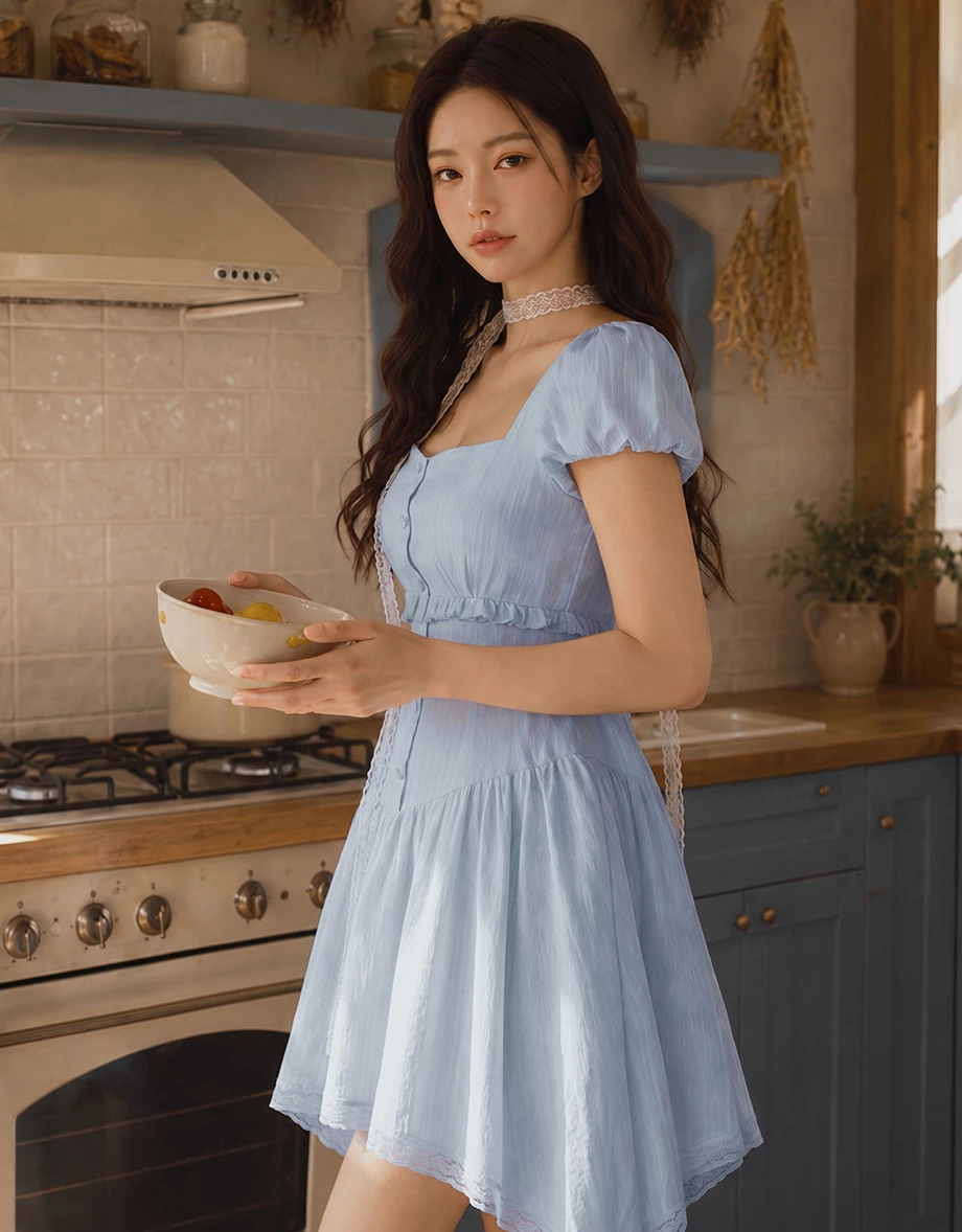 方V領排扣澎袖不規則蕾絲滾邊裙襬短洋裝 方V領排扣澎袖不規則蕾絲滾邊裙襬短洋裝