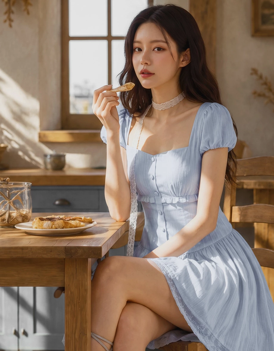 方V領排扣澎袖不規則蕾絲滾邊裙襬短洋裝 方V領排扣澎袖不規則蕾絲滾邊裙襬短洋裝