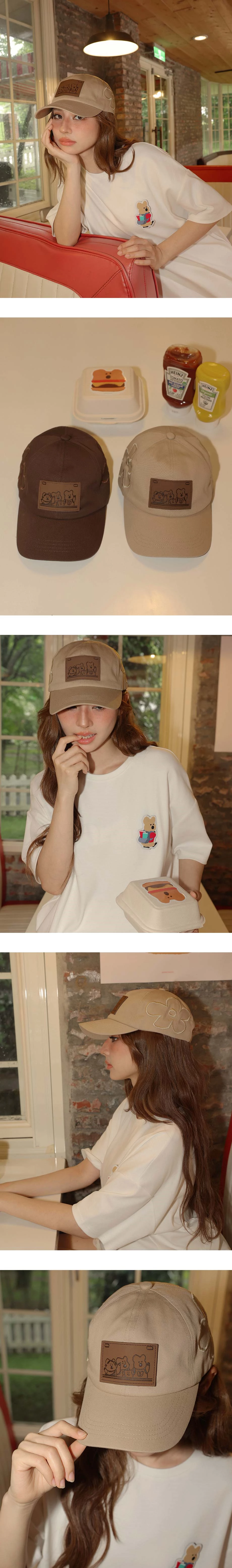 【DINOTAENG】Floral Embroidery Cap With Faux Leather Patch