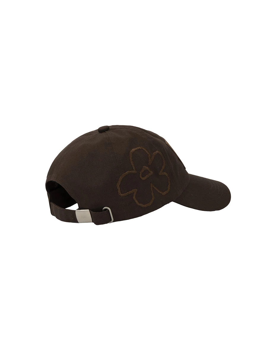 【DINOTAENG】Floral Embroidery Cap With Faux Leather Patch