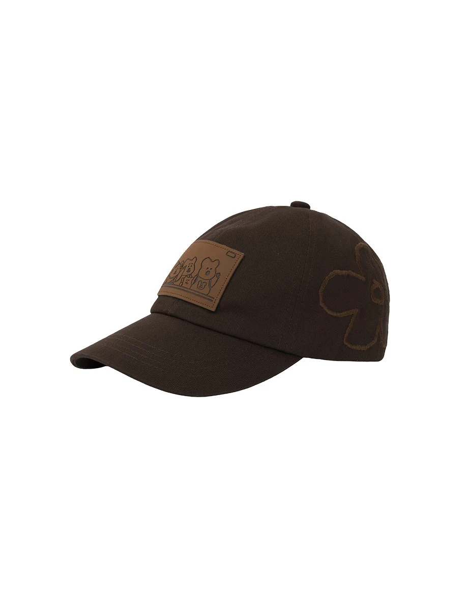 【DINOTAENG】Floral Embroidery Cap With Faux Leather Patch