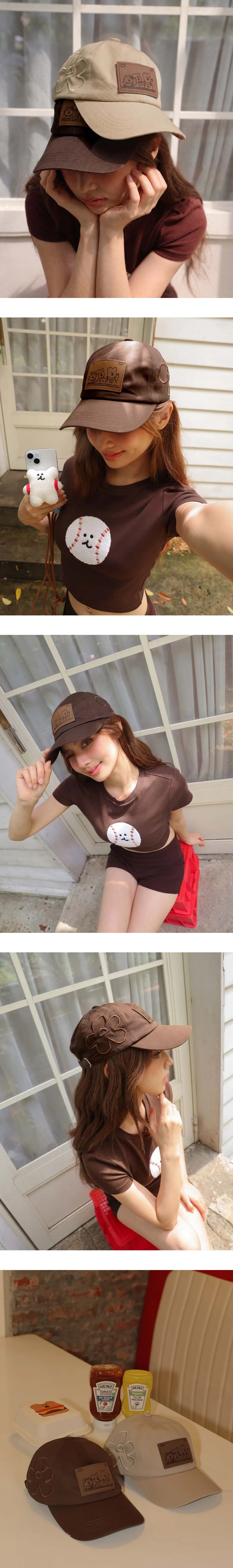【DINOTAENG】Floral Embroidery Cap With Faux Leather Patch