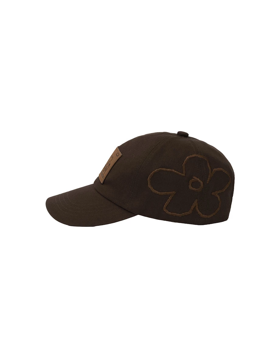 【DINOTAENG】Floral Embroidery Cap With Faux Leather Patch