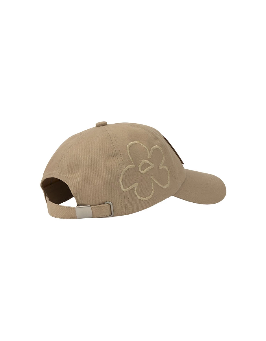 【DINOTAENG】Floral Embroidery Cap With Faux Leather Patch