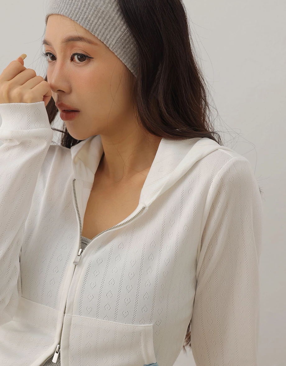 愛心線條織紋長袖短版連帽拉鍊外套