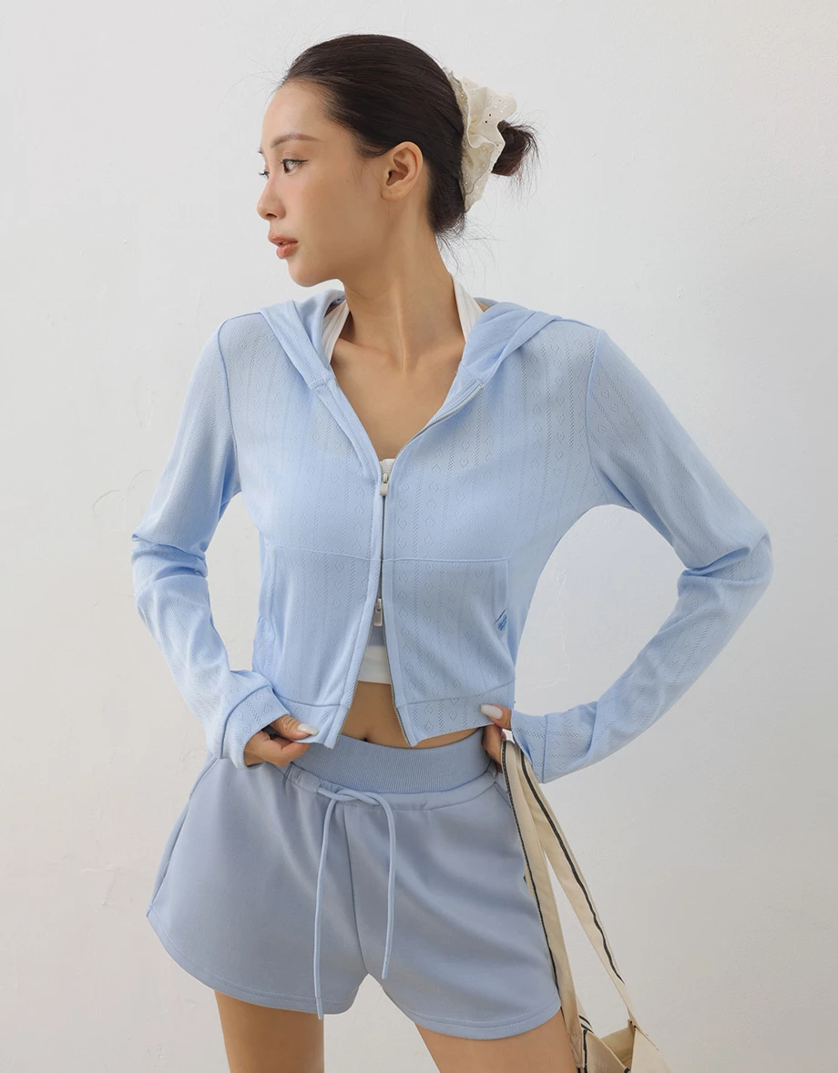 愛心線條織紋長袖短版連帽拉鍊外套