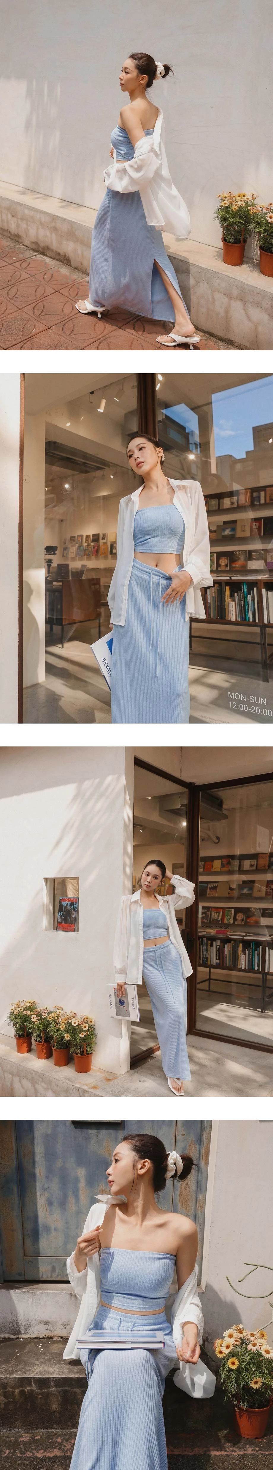 Fine Ribbed Texture Padded Bandeau Top and Adjustable Drawstring Waistband Maxi Skirt Set Wear