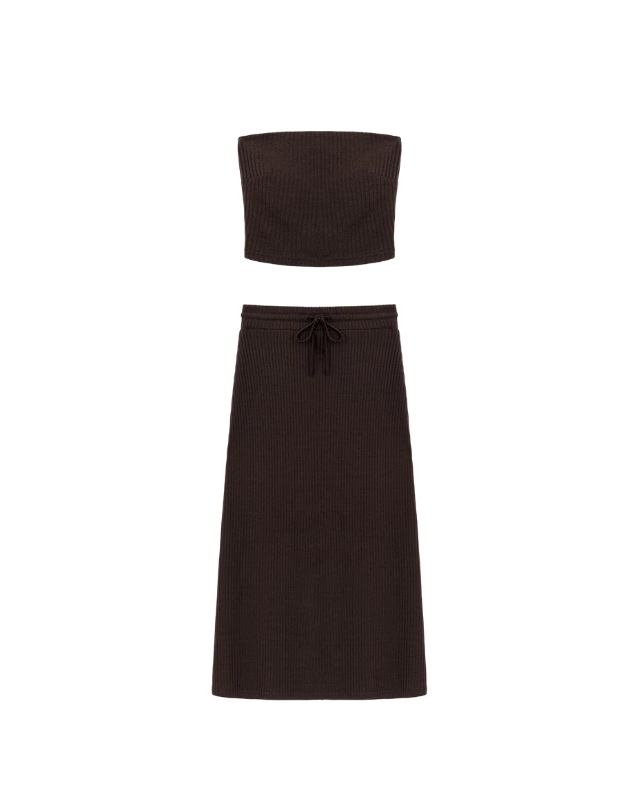 Fine Ribbed Texture Padded Bandeau Top and Adjustable Drawstring Waistband Maxi Skirt Set Wear