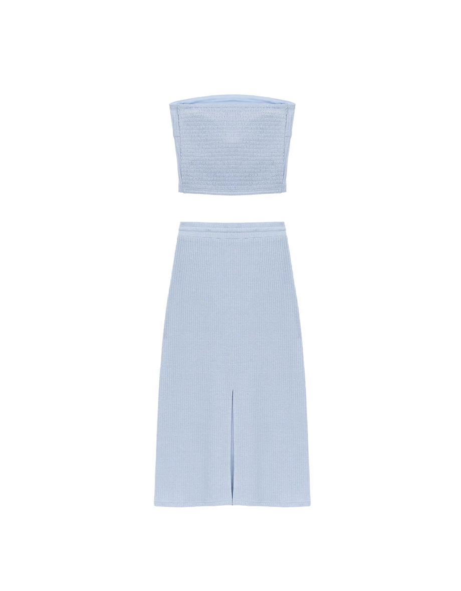 Fine Ribbed Texture Padded Bandeau Top and Adjustable Drawstring Waistband Maxi Skirt Set Wear Fine Ribbed Texture Padded Bandeau Top and Adjustable Drawstring Waistband Maxi Skirt Set Wear