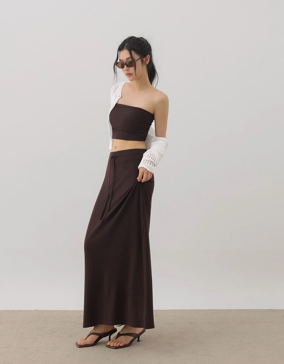 Fine Ribbed Texture Padded Bandeau Top and Adjustable Drawstring Waistband Maxi Skirt Set Wear
