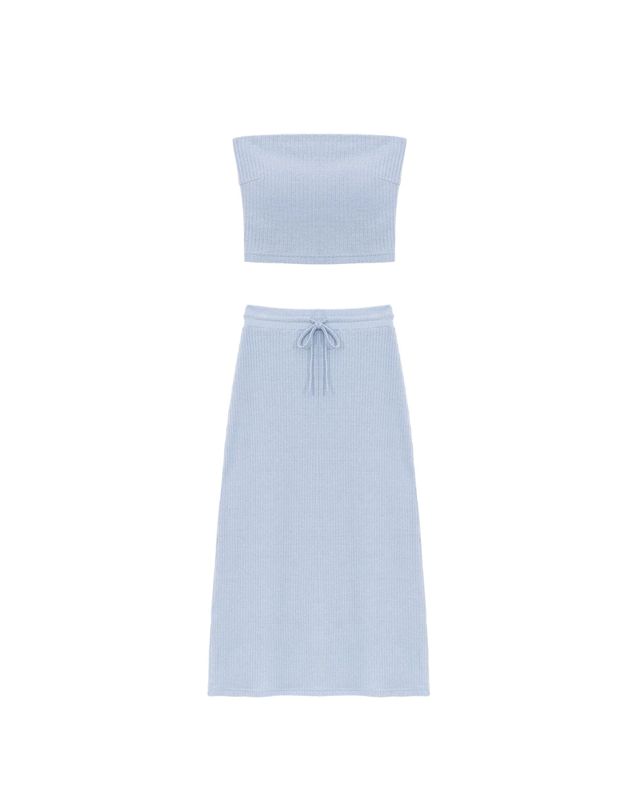 Fine Ribbed Texture Padded Bandeau Top and Adjustable Drawstring Waistband Maxi Skirt Set Wear
