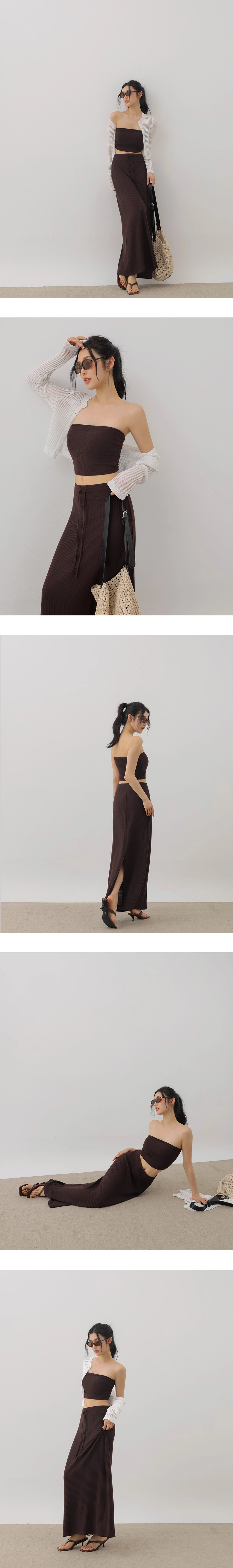 Fine Ribbed Texture Padded Bandeau Top and Adjustable Drawstring Waistband Maxi Skirt Set Wear