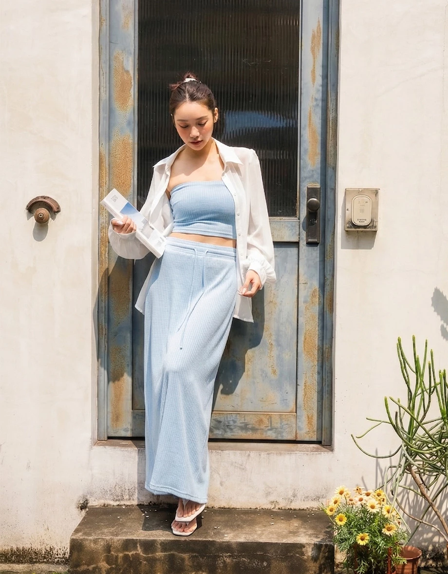Fine Ribbed Texture Padded Bandeau Top and Adjustable Drawstring Waistband Maxi Skirt Set Wear