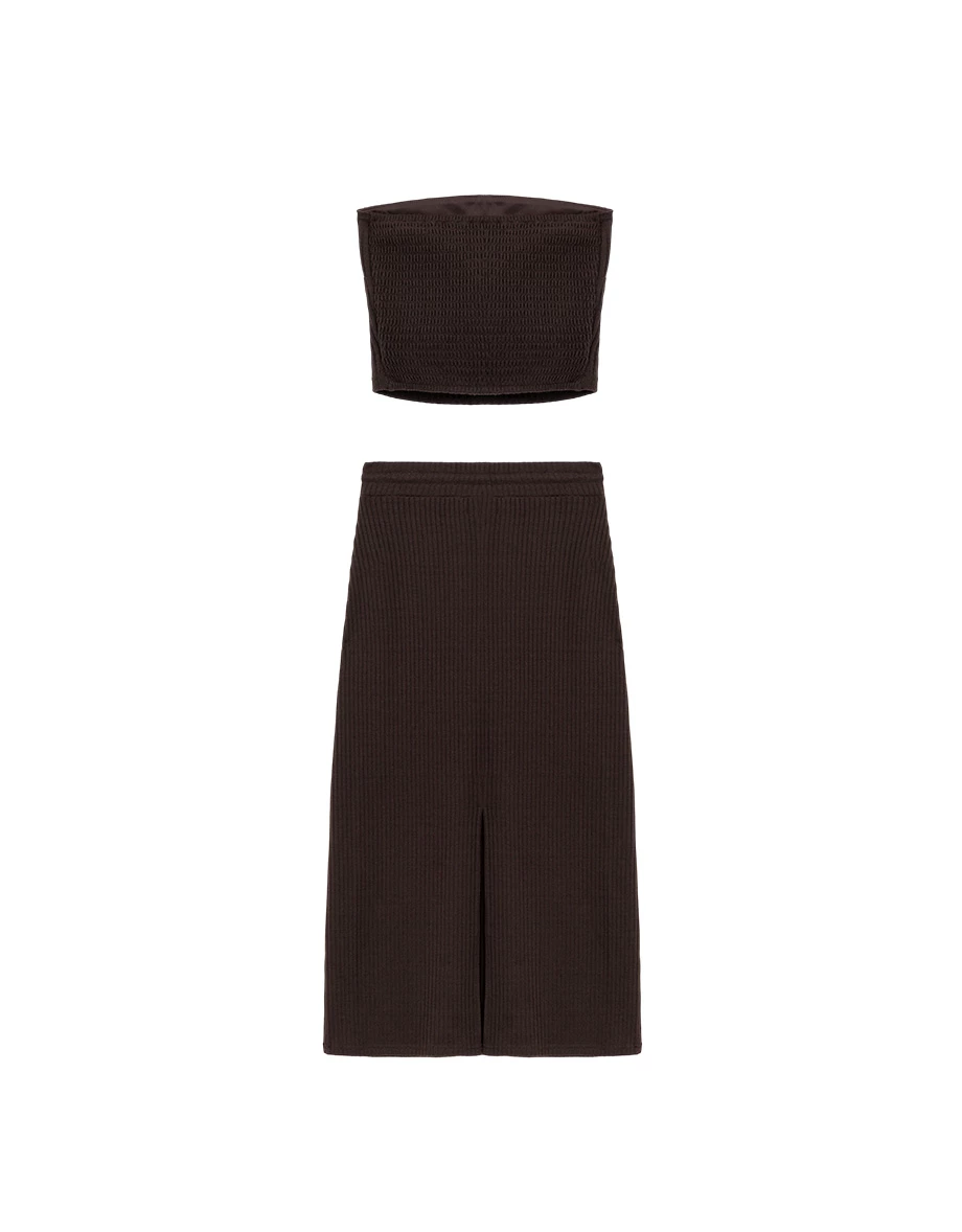 Fine Ribbed Texture Padded Bandeau Top and Adjustable Drawstring Waistband Maxi Skirt Set Wear