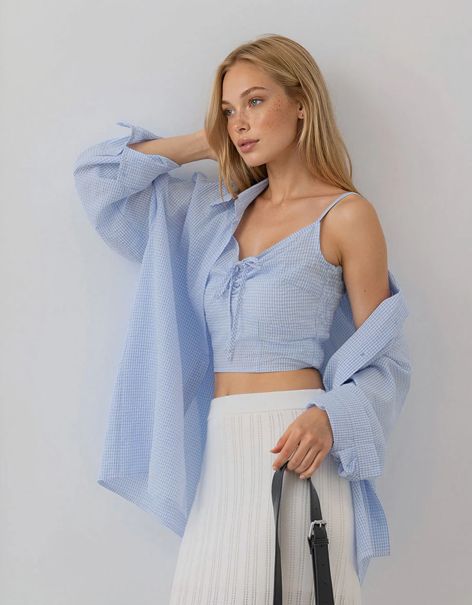 Gingham Oversized Shirt Blouse And Ruched Tie Front Camisole Set Wear