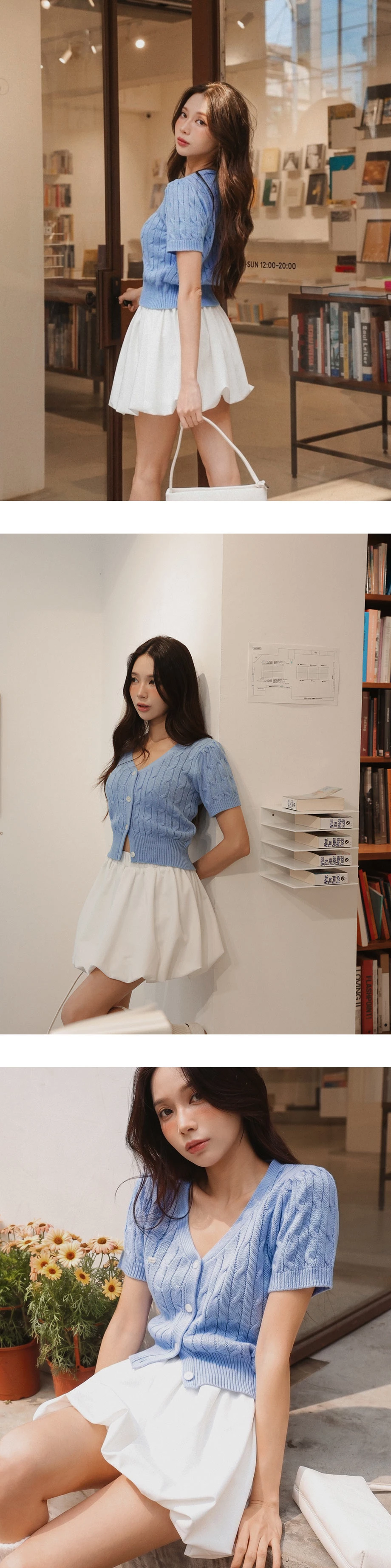 V領排扣短袖短版麻花針織開襟衫