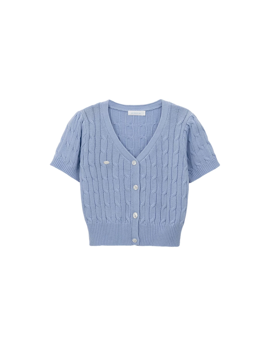V領排扣短袖短版麻花針織開襟衫