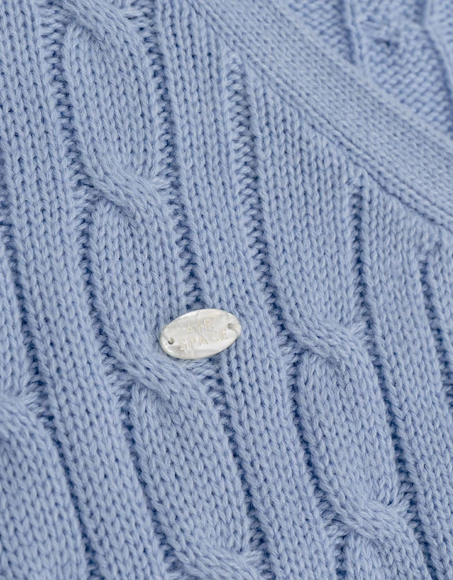 V領排扣短袖短版麻花針織開襟衫