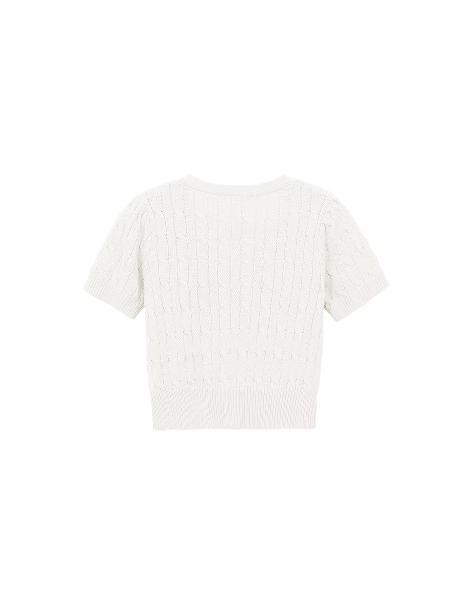 V領排扣短袖短版麻花針織開襟衫